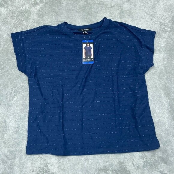 Ellen Tracy Tops - 💥 Ellen Tracy Womens Blue Glitter Stripe Short Sleeve Top Size L d0307